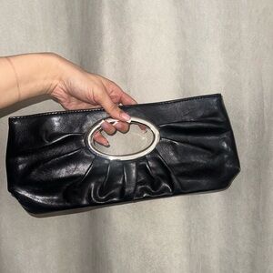 Black Faux Leather Oval-Handle Clutch